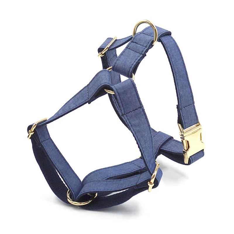 Dark Blue Denim Dog Harness for Medium Dogs No Pull Durable Heavy Duty Dog Collar with Walking Lead Fully Adjustable Pet Harness