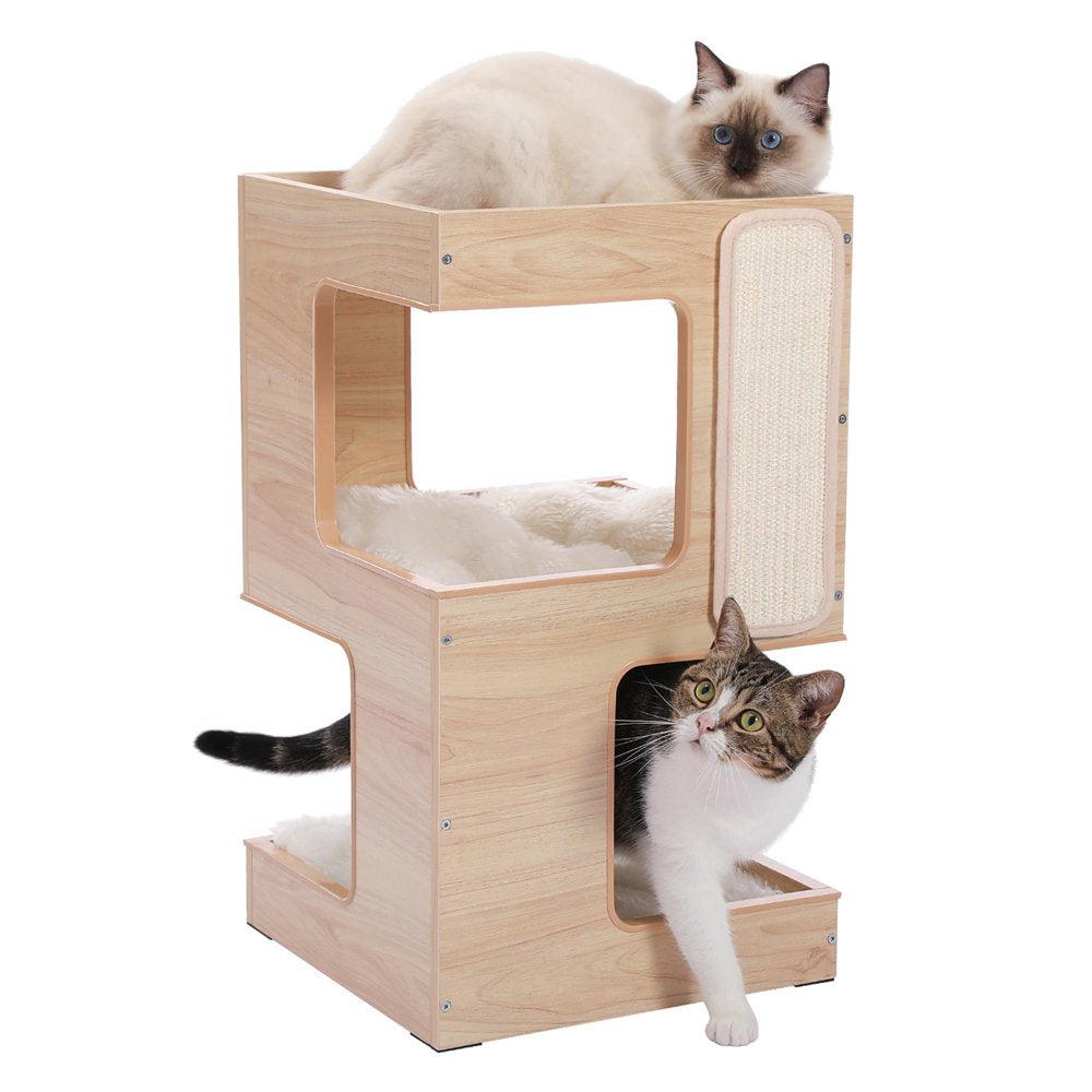 23" Wood Cat House Furniture for Indoor Cats, Modern Cat Tree Tower Bed with Free Cat Toy, Scratching Pad and Removable Soft Mats, Small Cat Condo, Beige