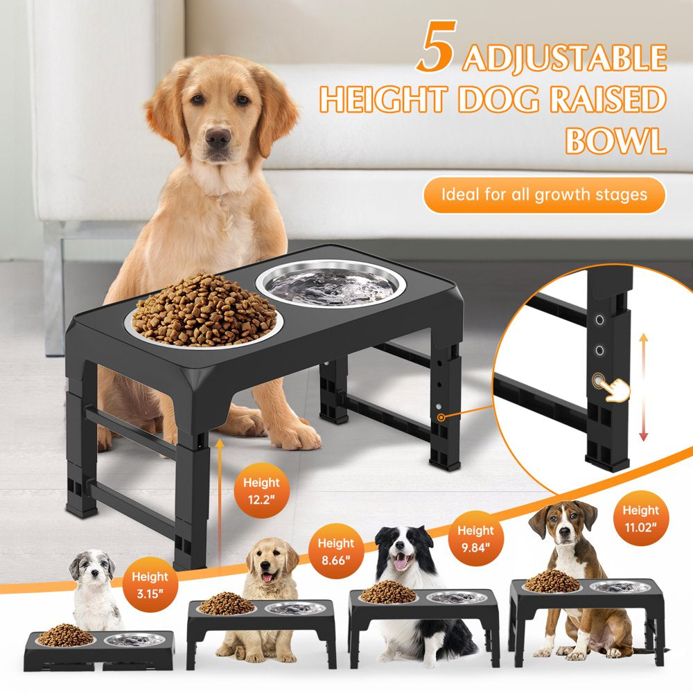 Elevated Dog Bowls with 2 Thick 1.22L Stainless Steel Dog Food Bowls, Raised Dog Bowl Adjusts to 5 Heights (3.2", 8.7", 9.8", 11", 12.2") for Pets Small Medium Large Dogs, Puppy and Cats